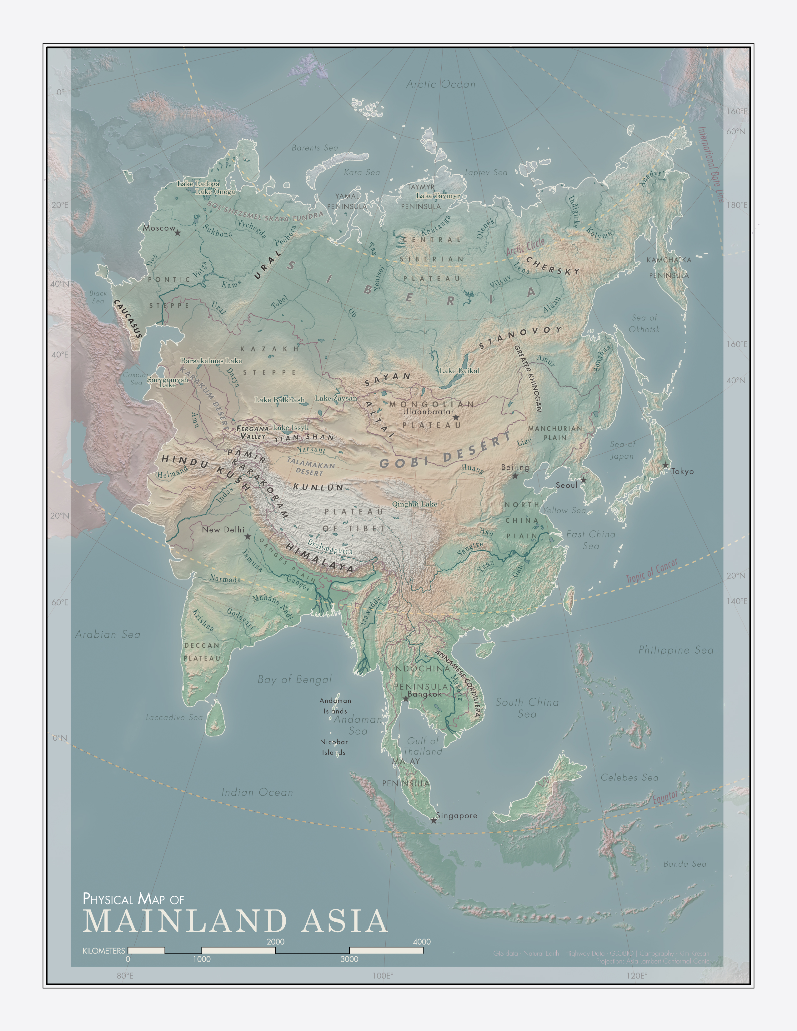 A physical map of mainland Asia