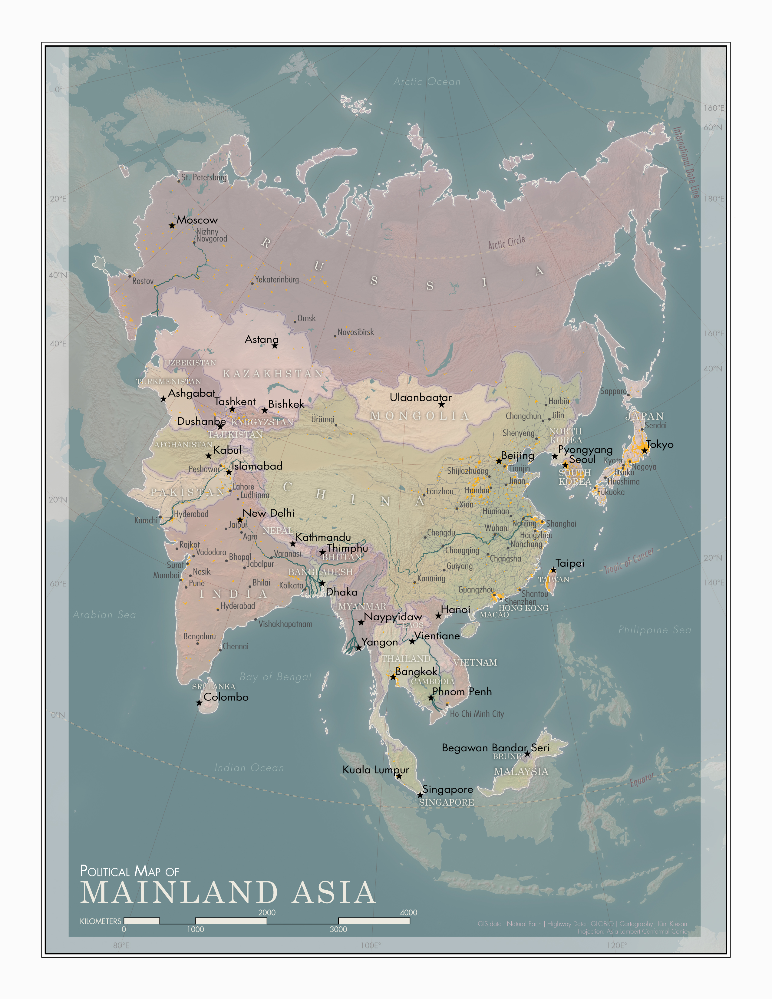 A political map of mainland Asia